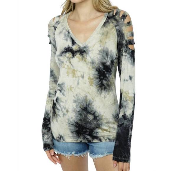 VOCAL APPAREL Tops - NEW VOCAL APPAREL tie dye stud sliced long sleeve top in natural/black